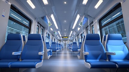 Modern train interior with empty blue seats and sleek design creating a sense of spaciousness and comfort .