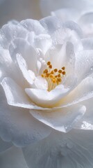 Fototapeta premium Closeup White Camellia Flower With Dew Drops