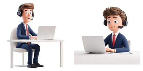 Businessman sitting at desk using laptop isolated on transparent PNG image perfect for office workspace and remote work illustrations