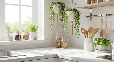 Bright and Airy Kitchen with Hanging Plants and Glass Jars
