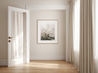 A white door is open in a room with a framed picture on the wall. The room is empty and has white curtains