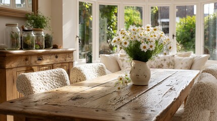 Warm dining scene with ceramic daisies and woven chairs, rosemary herbs in soft light for holistic lifestyle branding or eco-conscious hospitality campaigns