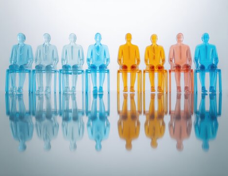 Transparent figures seated in a row