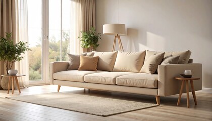 Beige Sofa in Sunlit Modern Living Room: Serene Interior Design