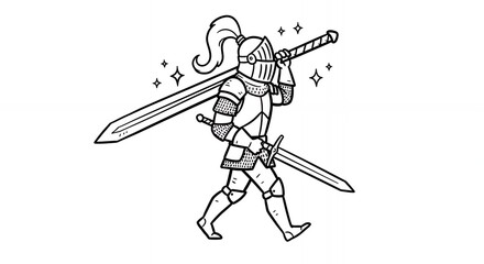 Fototapeta premium Knight In Full Armor Black And White Sketch Holding Sword Over Shoulder Minimalist Drawing Style Historic Warrior With Helmet And Weapon