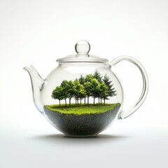 A creative concept depicting a forest encapsulated within a glass teapot against a white background, representing nature.