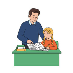 Father Assisting Daughter with Homework, Focused on Math Workbook