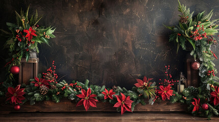 Cozy wooden floor with holiday decorations, pine branches, and red ornaments under soft glowing lights