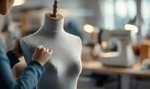 A tailor meticulously adjusts the fabric on a mannequin, focusing on design and detail with precision and care.