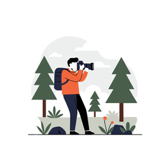 Photographer with Backpack Taking Photo,  Orange Sweater, DSLR Camera