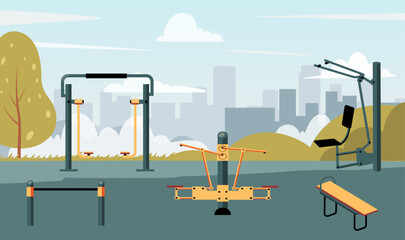 Outdoor gym equipment in city park with pull up bars, benches, machines for public training. Promotes community fitness healthy lifestyle. Ideal for wellness, sport and urban planning. Flat vector