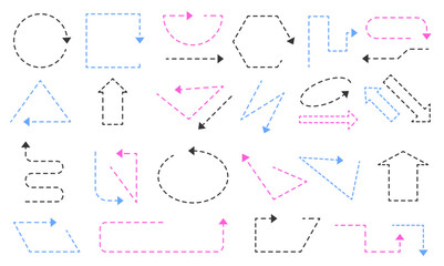 Dash line arrows. Dotted sketchy direction arrow marks, simple curved straight arrowed pointers and dynamic movement signs. Vector dashed arrows isolated set