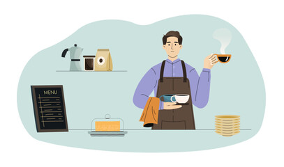 Barista serving hot coffee in cups. Preparing to serve customers in cafeteria. Coffee shop interior with menu and coffee equipment on background. Flat vector illustration
