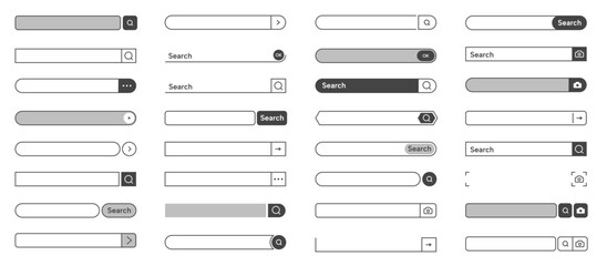 Search bar UI. Web interface with input field and search button, cursor pointer and click arrow icons. Vector internet search engine interface elements collection