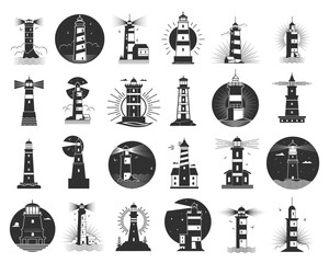 Lighthouses with bright beams pointing out to sea. Set of minimalist black beacons logos. Signal towers symbolize coastal shipping safety. For branding, emblems and labels. Flat vector illustration