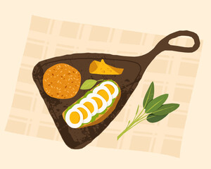 Toasted bread with slices of boiled egg, cheese, guacamole and sage leaves on rustic wooden cutting board atop checkered tablecloth. Healthy breakfast. Organic food concept. Flat vector illustration