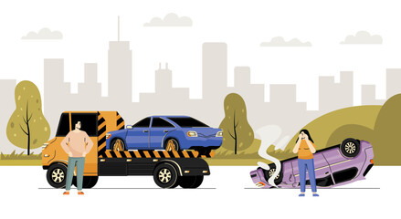 Road emergency. Tow truck loading damaged car after urban road accident. Woman upset near overturned smoking vehicle. Collision concept and insurance. Flat cartoon vector illustration