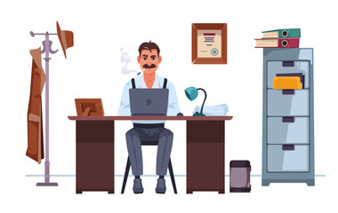 Private detective sitting at desk with laptop and smoking pipe surrounded by folders and documents. Coat and hat on hanger, table lamp, framed diploma and file cabinet. Flat vector illustration