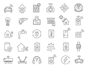 Smart home icon set. Technology connecting smart home appliances, cars, gadgets and devices wireless technology environment. Systems controlled by AI. Line vector illustration