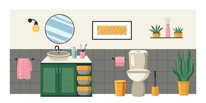 Bathroom interior with sink cabinet, mirror, toilet, towels, plants and hygiene products. Restroom design, clean and organized space. Flat cartoon vector illustration
