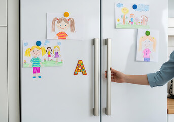Children's Drawings on a Family Refrigerator in a Bright Kitchen, child’s drawing stuck to fridge