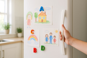 Children's drawings on white fridge with alphabet magnet in bright kitchen, child’s drawing stuck to fridge