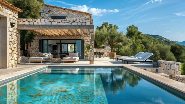 clear water pool with marble sides and soft sun beds and sun umbrellas next to stone statues on the sides in a luxury Italian villa flooded with sunlight, luxurious leisurely holiday