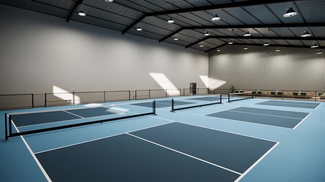 drone view unused blue pickleball courts inside a warehouse building, located in the sports complex facility area. With lights turned on even though it is daytime