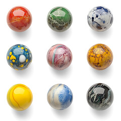 Nine colorful polished stone spheres on a Transparent Background