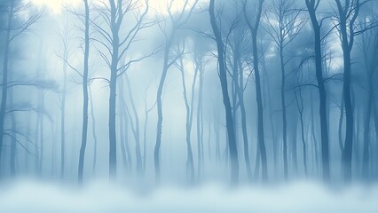 Misty blue forest landscape with soft watercolor texture and atmospheric gradient lighting.