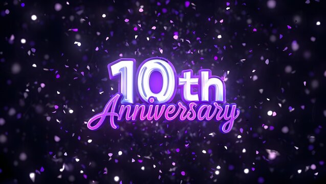 The words 10th anniversary are surrounded by purple confetti, celebrating a decade milestone in a festive design