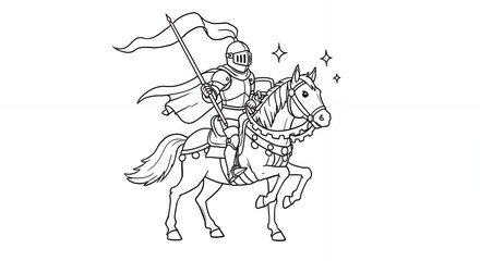 Fototapeta premium Monochrome Knight Astride Horse Holding Flag in a Vintage Art Style Black and White Lineart
