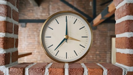 Classic analog wall clock showing eight o'clock, placed on a rustic red brick wall in a loft-style interior.