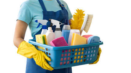 Cleaning Supplies in Basket Held by Person Wearing Rubber Gloves, washing & cleaning banner template