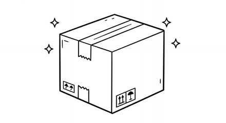 Monochrome Line Art of a Closed Cardboard Box with Shipping Labels Sparkling on a White Background Isolated Graphic Vector Illustration