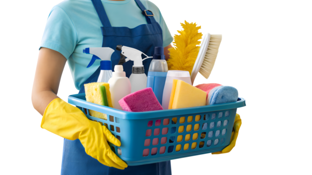 Cleaning Supplies in Basket Held by Person Wearing Rubber Gloves, washing & cleaning banner template