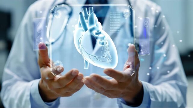 Male Doctor Hologram Medical Branch - Preventive medicine. Heart depicted on a hologram