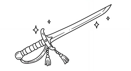 Monochrome Line Art of Antique Sword with Decorated Hilt and Shining Star Accents on White Background Design