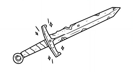 Monochrome Line Drawing of a Heavily Distressed Blade Showing Visible Signs of Wear and Damage Against White Background