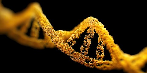 Yellow DNA Strand Macro: Close-up Image of Deoxyribonucleic Acid in Global Genetic Data Processing