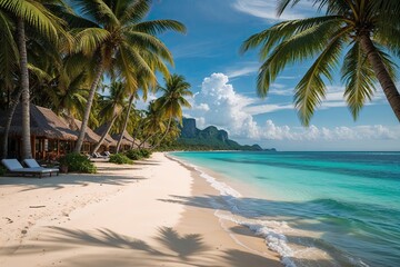 Tropical Paradise with Pristine Ivory Beach Surrounded by Lush Palm Trees and Azure Waters