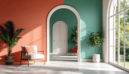 Fototapeta premium Serene Coral and Teal Interior: Sunlit Room with Modern Chair