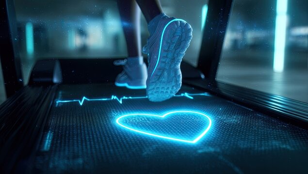 Person running on a treadmill with a glowing heart graphic - Powered by Adobe