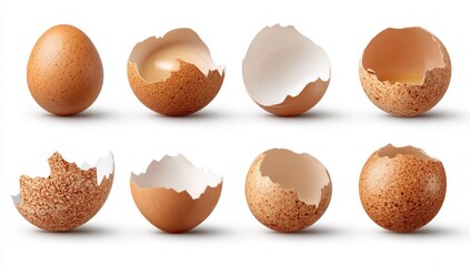 A complete brown speckled egg with several broken eggshells displayed against a clean white background.