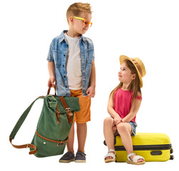 Stylish boy and smiling girl with luggage ready for summer trip, transparent background. Concept of...