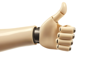 Left side robotic hand showing thumbs up gesture symbol of positivity advanced mechanical technology support icon isolated on transparent background