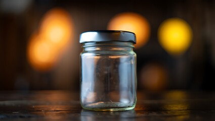 Empty Glass Jar with Silver Lid on Wooden Surface Creating Warm Ambiance