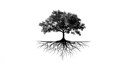 Silhouetted tree with extensive roots against a white background