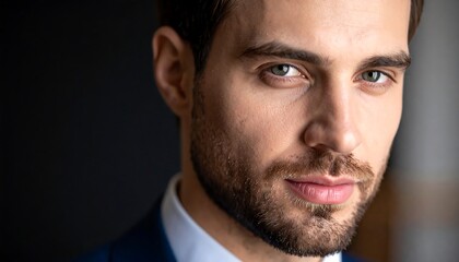 Obraz premium Close-up portrait of a handsome man with a beard and intense green eyes, looking directly at the viewer.