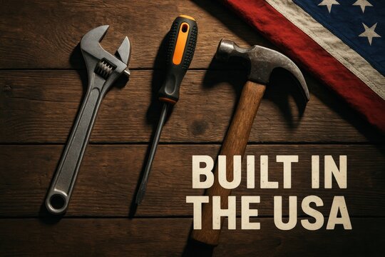 Labor Day Sale Poster with Tools and Bold Text Over Wood Table